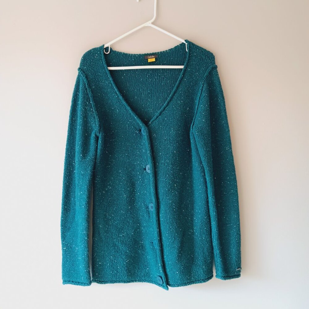Cabela's Knit Cardigan Sweater V-Neck Button Front Long Sleeve Teal Blue Medium